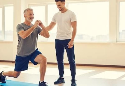 Ein Mann macht mit Hilfe eines Physiotherapeuten Gleichgewichtsübungen