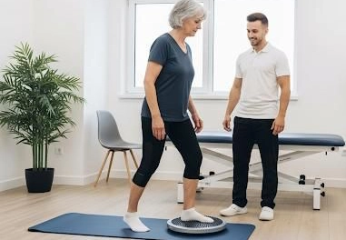 Eine Frau macht Gleichgewichtsübungen mit dem Physiotherapeuten