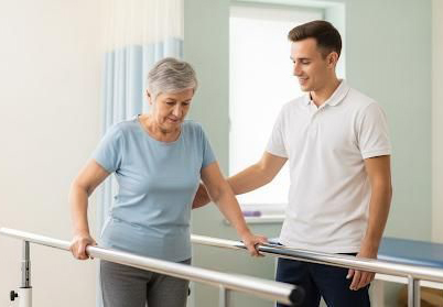 Eine Frau, die mit Hilfe eines Therapeuten wieder Laufen lernt und sich an zwei Stangen festhält