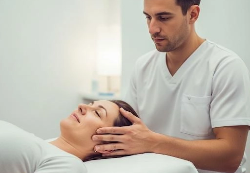 Eine Frau bekommt eine Behandlung gegen Schwindel